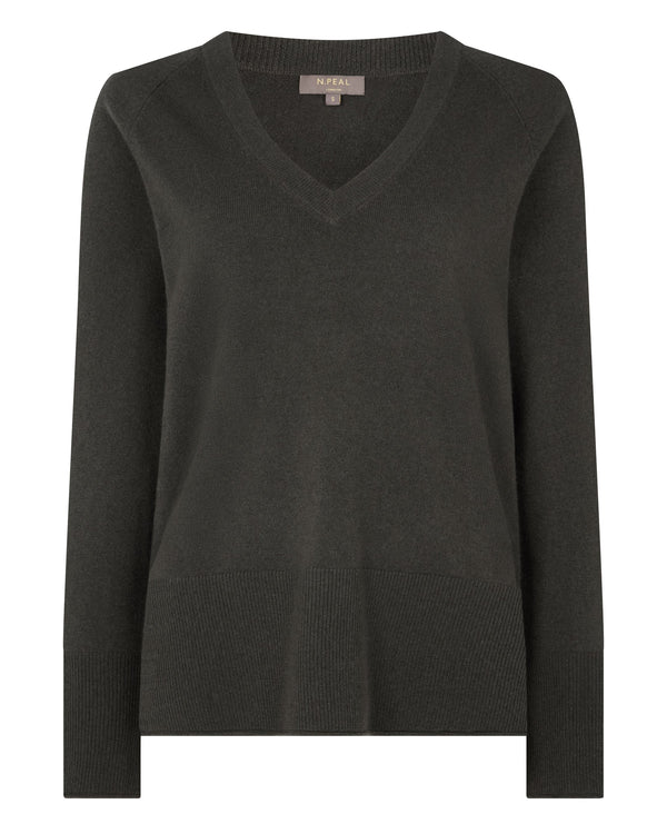 N.Peal Women's Relaxed V Neck Cashmere Jumper Arabica Khaki Green