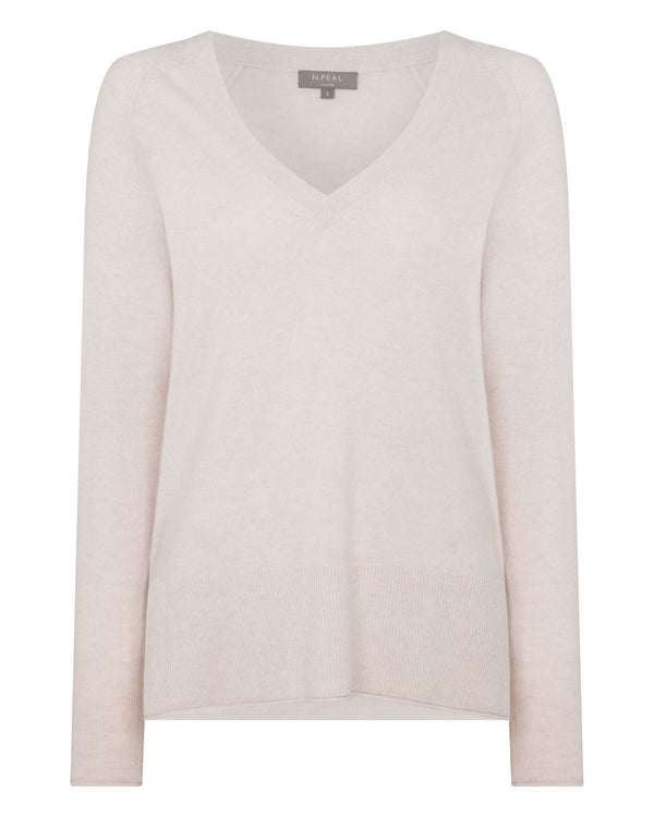 N.Peal Women's Relaxed V Neck Cashmere Jumper Frost White