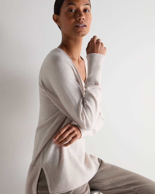 N.Peal Women's Relaxed V Neck Cashmere Jumper Frost White