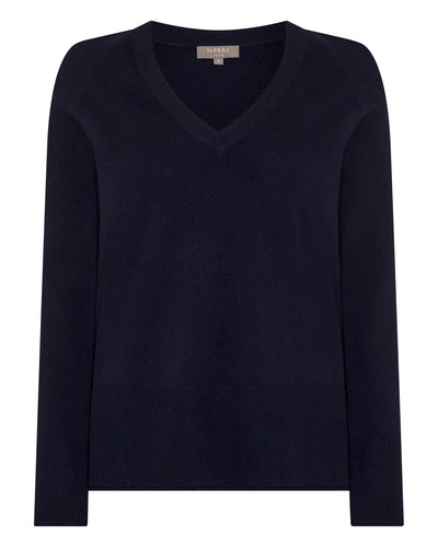 N.Peal Women's Relaxed V Neck Cashmere Jumper Navy Blue