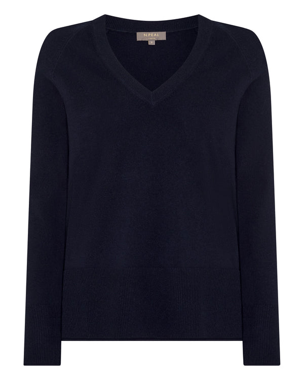 N.Peal Women's Relaxed V Neck Cashmere Jumper Navy Blue