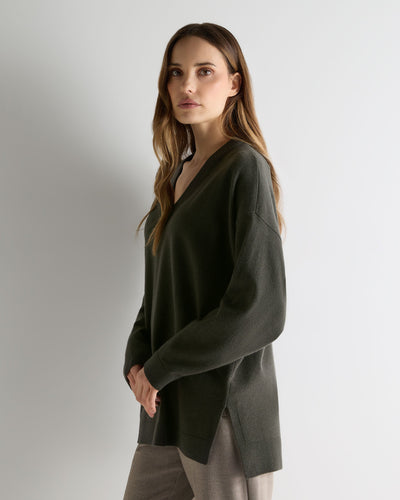 N.Peal Women's Longline V Neck Cashmere Jumper Arabica Khaki Green