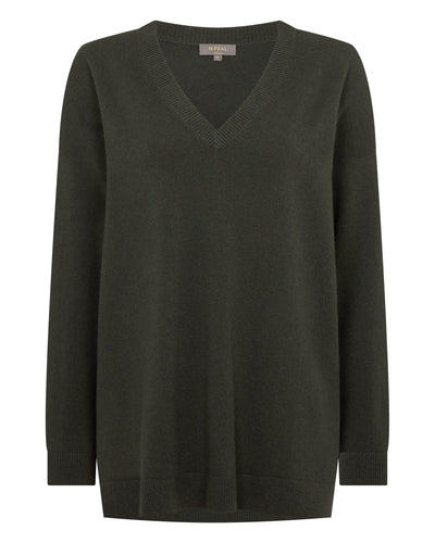 N.Peal Women's Longline V Neck Cashmere Jumper Arabica Khaki Green