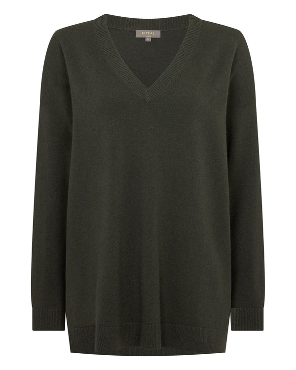N.Peal Women's Longline V Neck Cashmere Jumper Arabica Khaki Green