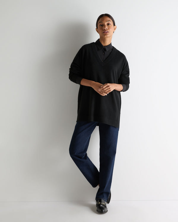 N.Peal Women's Longline V Neck Cashmere Jumper Black