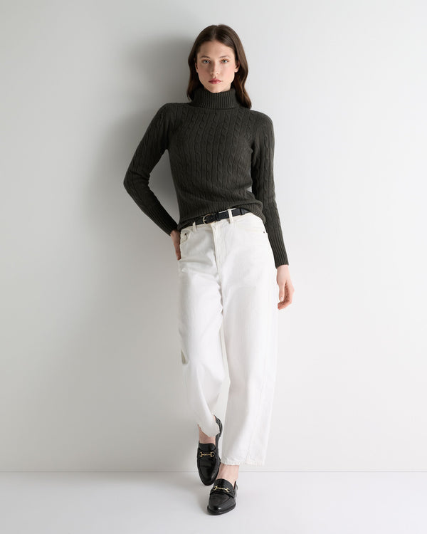N.Peal Women's Adelyn Cable Roll Cashmere Jumper Arabica Khaki Green