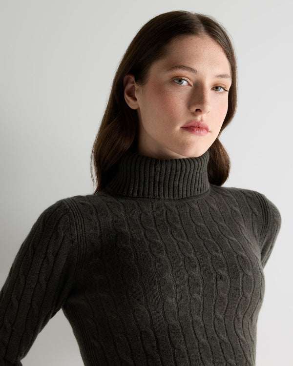N.Peal Women's Adelyn Cable Roll Cashmere Jumper Arabica Khaki Green