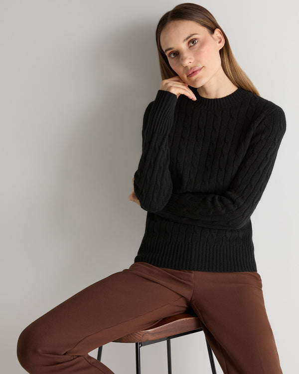 N.Peal Women's Adelyn Cable Round Neck Cashmere Jumper Black