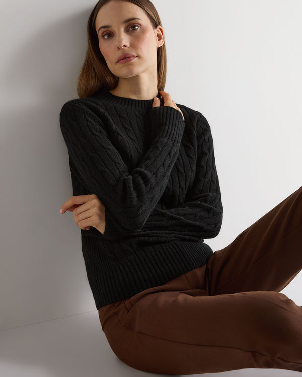 N.Peal Women's Adelyn Cable Round Neck Cashmere Jumper Black