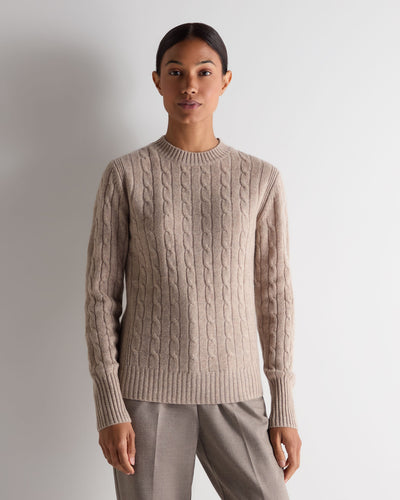 N.Peal Women's Adelyn Cable Round Neck Cashmere Jumper Oatmeal Brown