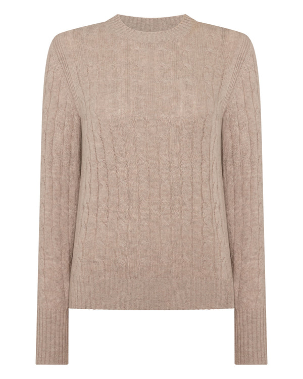 N.Peal Women's Adelyn Cable Round Neck Cashmere Jumper Oatmeal Brown
