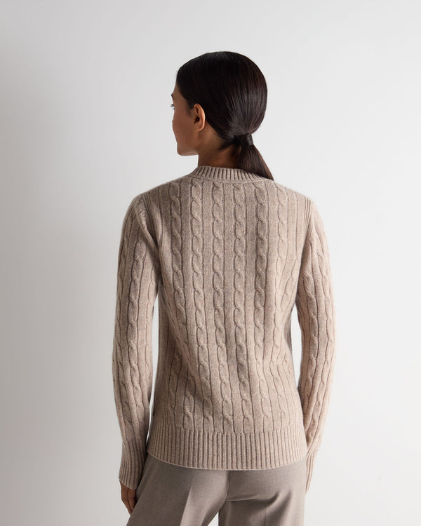 N.Peal Women's Adelyn Cable Round Neck Cashmere Jumper Oatmeal Brown