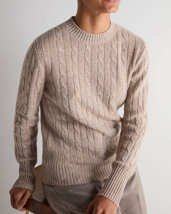 N.Peal Women's Adelyn Cable Round Neck Cashmere Jumper Oatmeal Brown