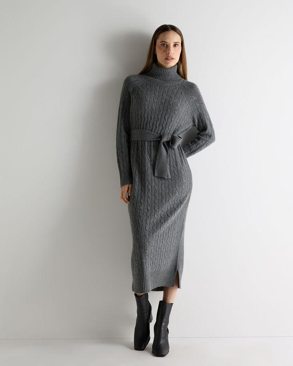 N.Peal Women's Longline Cable Cashmere Dress Elephant Grey