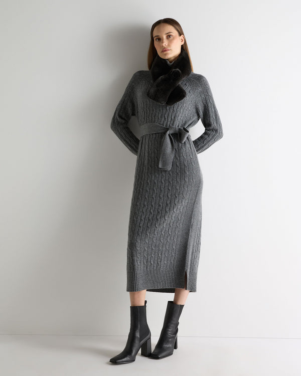 N.Peal Women's Longline Cable Cashmere Dress Elephant Grey