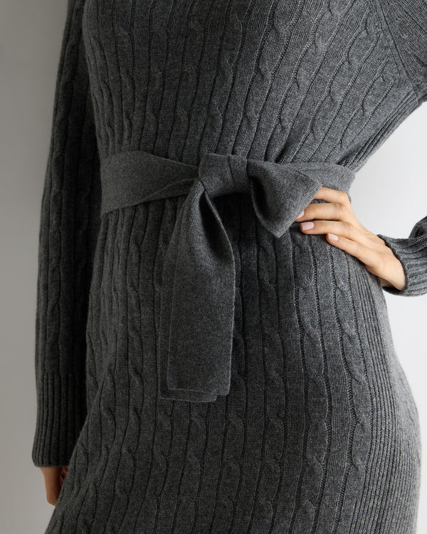 N.Peal Women's Longline Cable Cashmere Dress Elephant Grey