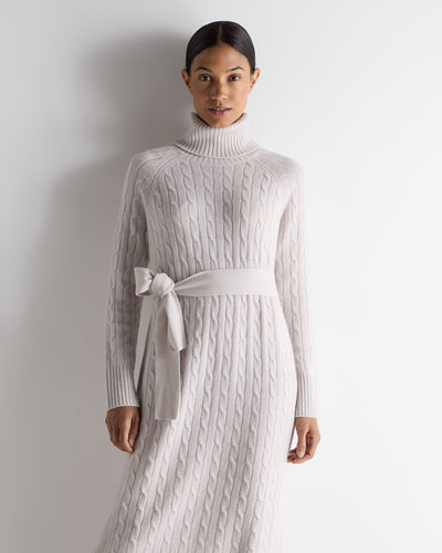 N.Peal Women's Longline Cable Cashmere Dress Snow Grey