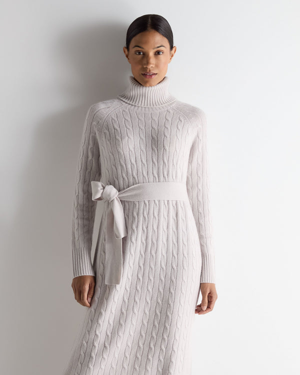 N.Peal Women's Longline Cable Cashmere Dress Snow Grey
