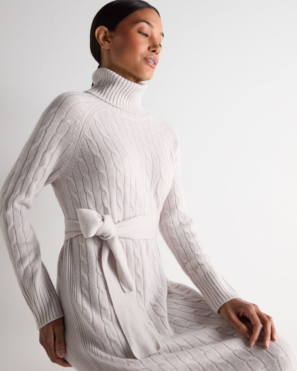 N.Peal Women's Longline Cable Cashmere Dress Snow Grey
