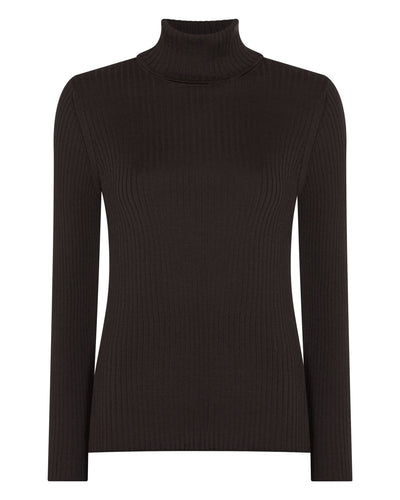 N.Peal Women's Superfine Cashmere Ribbed Roll Neck Jumper Chocolate Brown