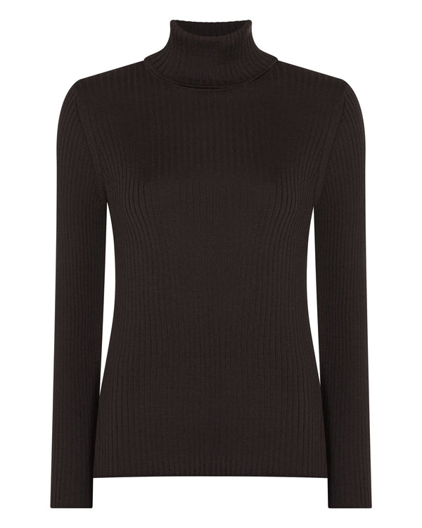 N.Peal Women's Superfine Cashmere Ribbed Roll Neck Jumper Chocolate Brown