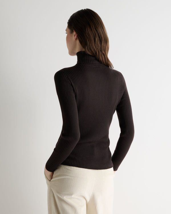N.Peal Women's Superfine Cashmere Ribbed Roll Neck Jumper Chocolate Brown