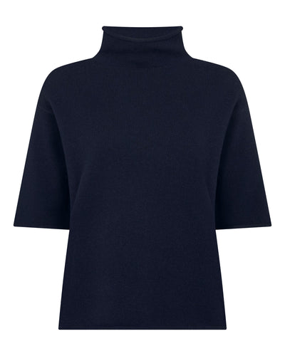 N.Peal Women's Short Sleeve Turtle Neck Cashmere Jumper Navy Blue