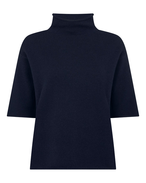 N.Peal Women's Short Sleeve Turtle Neck Cashmere Jumper Navy Blue