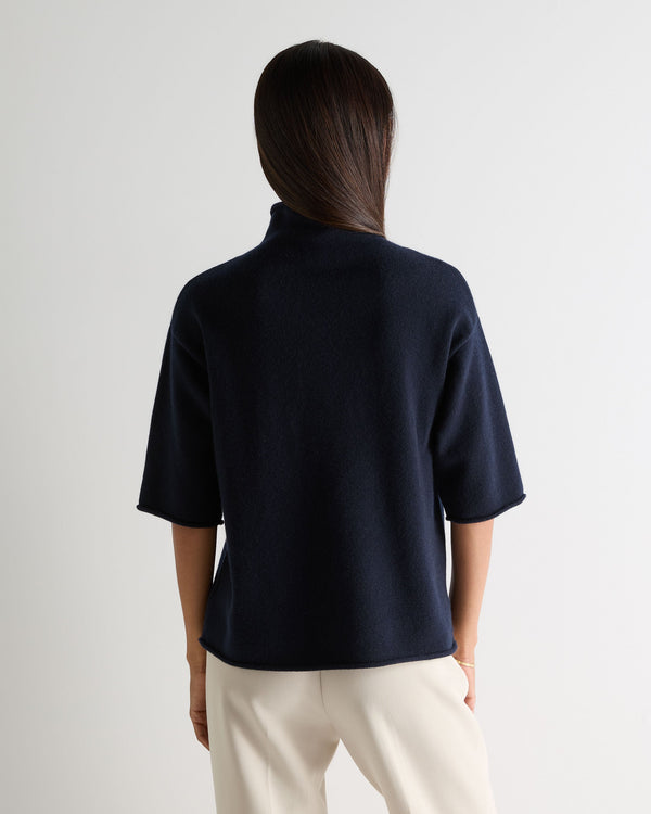 N.Peal Women's Short Sleeve Turtle Neck Cashmere Jumper Navy Blue