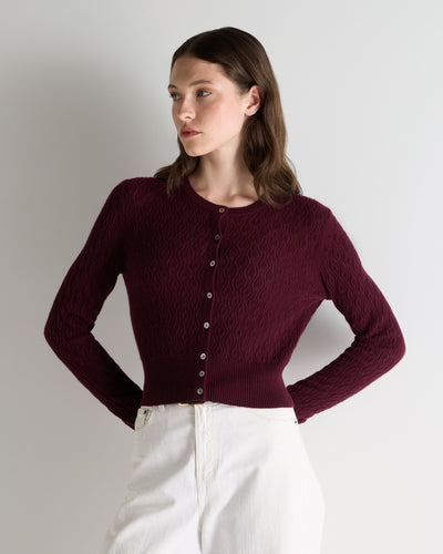N.Peal Women's Lace Stitch Cashmere Cardigan Bordeaux Red