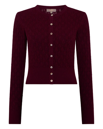 N.Peal Women's Lace Stitch Cashmere Cardigan Bordeaux Red