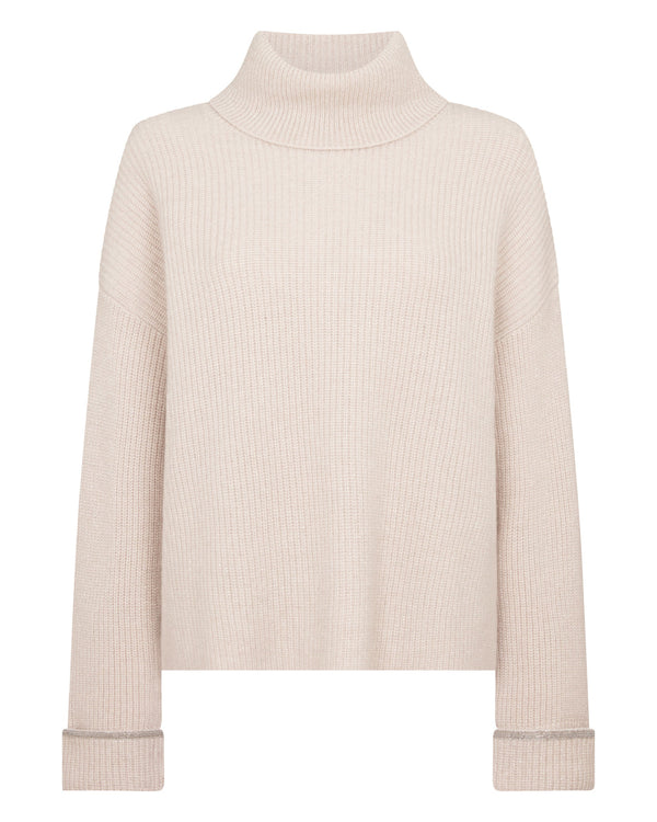 N.Peal Women's Luxe Roll Neck Cashmere Jumper Ecru White Sparkle