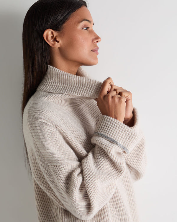 N.Peal Women's Luxe Roll Neck Cashmere Jumper Ecru White Sparkle