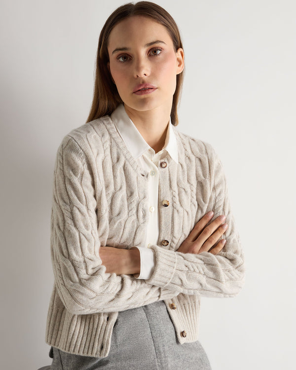 N.Peal Women's Cable Cashmere Cardigan Ash Grey Marl