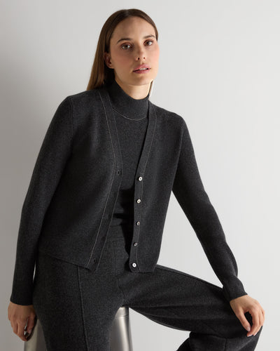 N.Peal Women's Ribbed Cashmere Cardigan With Metal Trim Deep Charcoal Grey