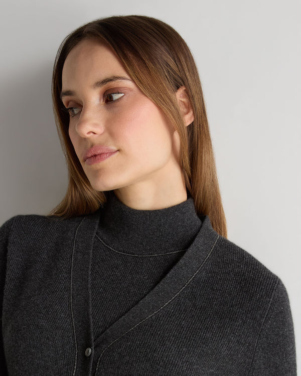 N.Peal Women's Ribbed Cashmere Cardigan With Metal Trim Deep Charcoal Grey
