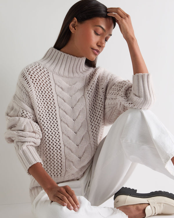 N.Peal Women's Mock Neck Cable Cashmere Jumper Frost White