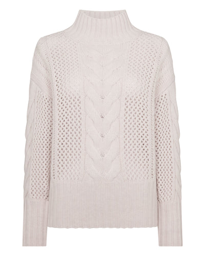 N.Peal Women's Mock Neck Cable Cashmere Jumper Frost White