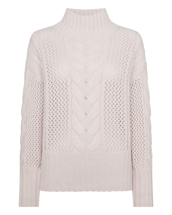 N.Peal Women's Mock Neck Cable Cashmere Jumper Frost White