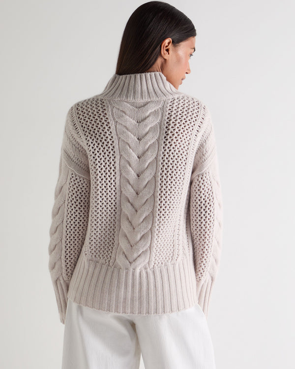 N.Peal Women's Mock Neck Cable Cashmere Jumper Frost White