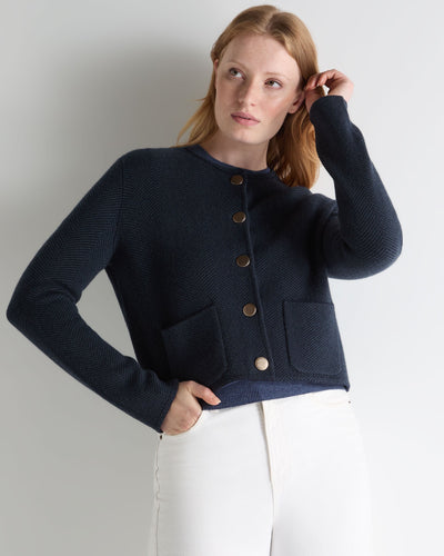N.Peal Women's Collarless Jacquard Cashmere Jacket Navy Blue