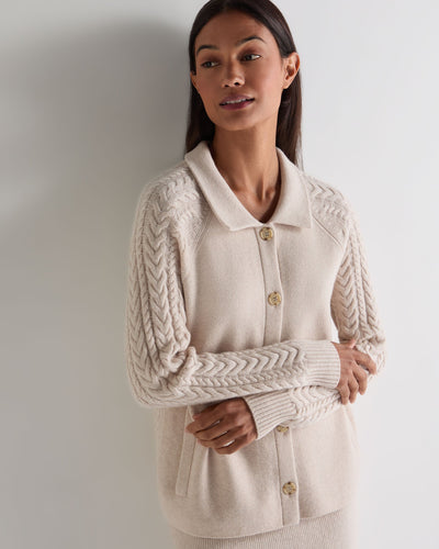 N.Peal Women's Cable Back Cashmere Jacket Ecru White