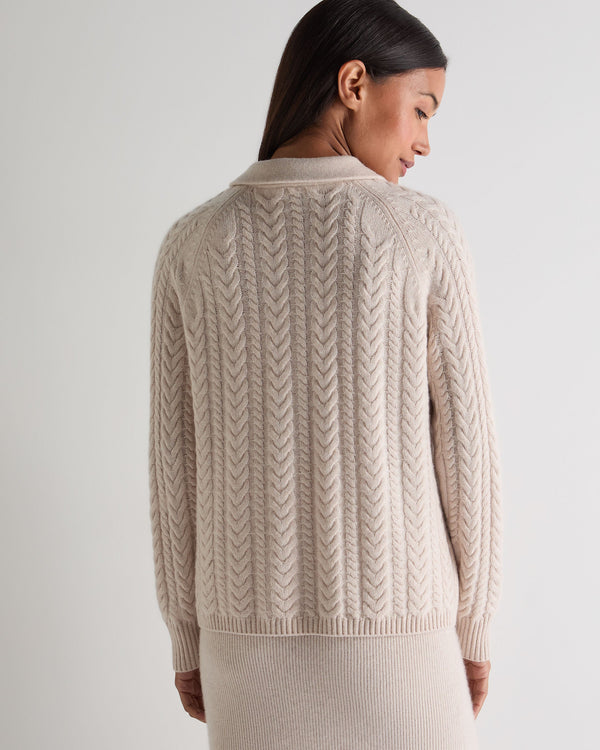 N.Peal Women's Cable Back Cashmere Jacket Ecru White