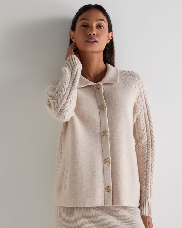 N.Peal Women's Cable Back Cashmere Jacket Ecru White