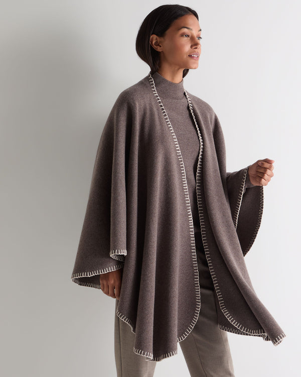 N.Peal Women's Milano Stitch Trim Cashmere Cape Otter Brown
