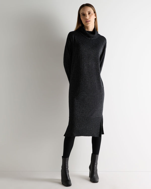N.Peal Women's Roll Neck Cashmere Dress Black Sparkle