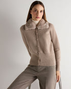 Women's Honeycomb Fur Trim Cashmere Cardigan Oatmeal Brown