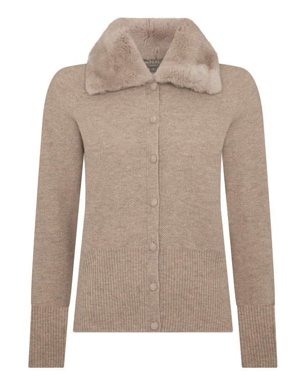 N.Peal Women's Honeycomb Fur Trim Cashmere Cardigan Oatmeal Brown