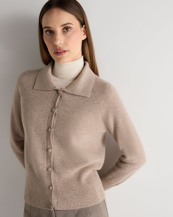 N.Peal Women's Honeycomb Fur Trim Cashmere Cardigan Oatmeal Brown