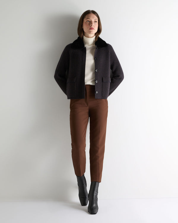 N.Peal Women's Dogtooth Fur Trim Cashmere Jacket Navy Blue